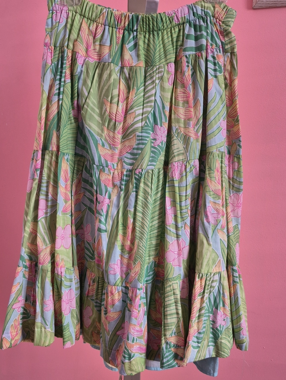 Vinrage Lilly Pulitzer Green and Pink Tropical Tiered Skirt